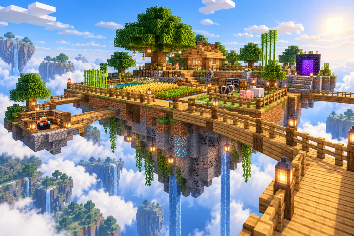 A floating island with wooden slab walkways and protective railings
