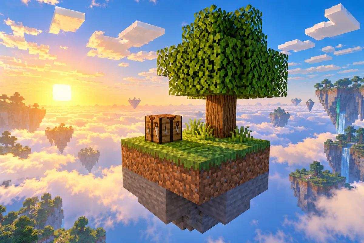 A small floating grass island with a crafting table and oak tree at sunrise