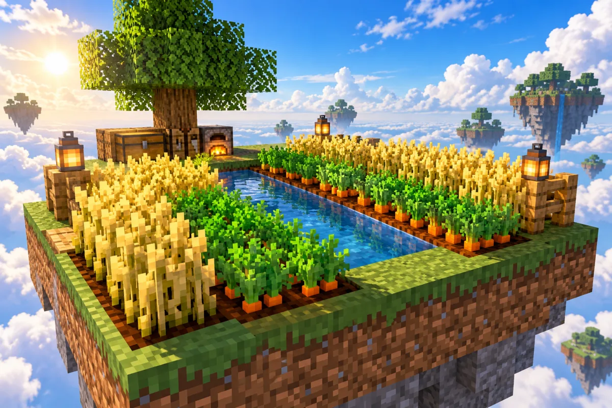Wheat and carrot beds around a blue water channel on a floating island