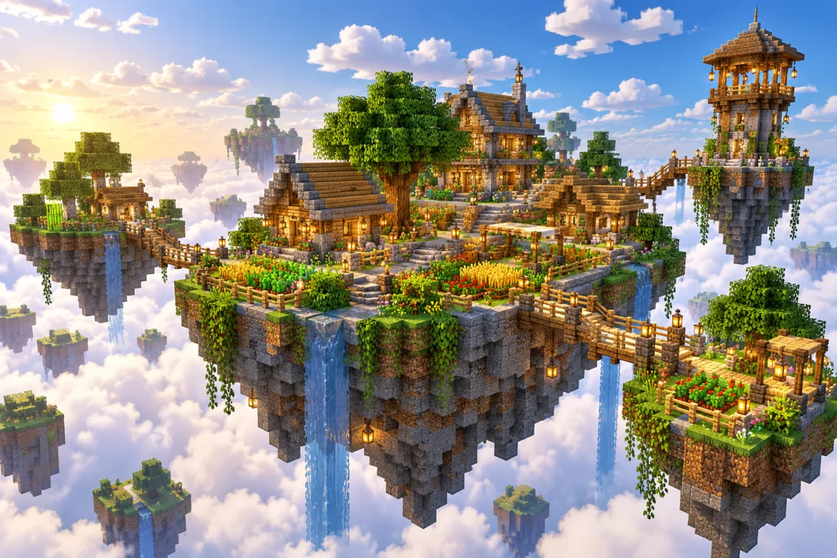 A completed floating island village with gardens, bridges and a lookout tower
