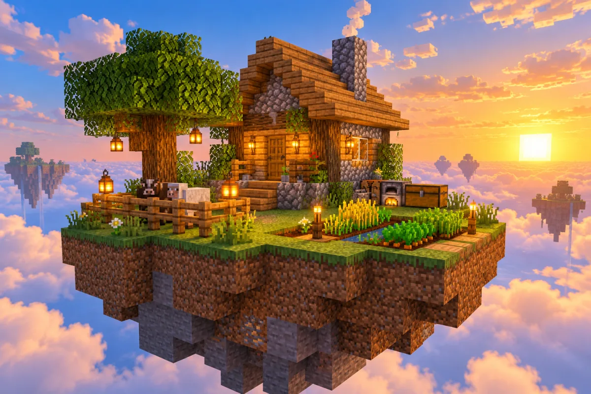 A cozy oak and cobblestone cottage on a grassy floating island in golden light