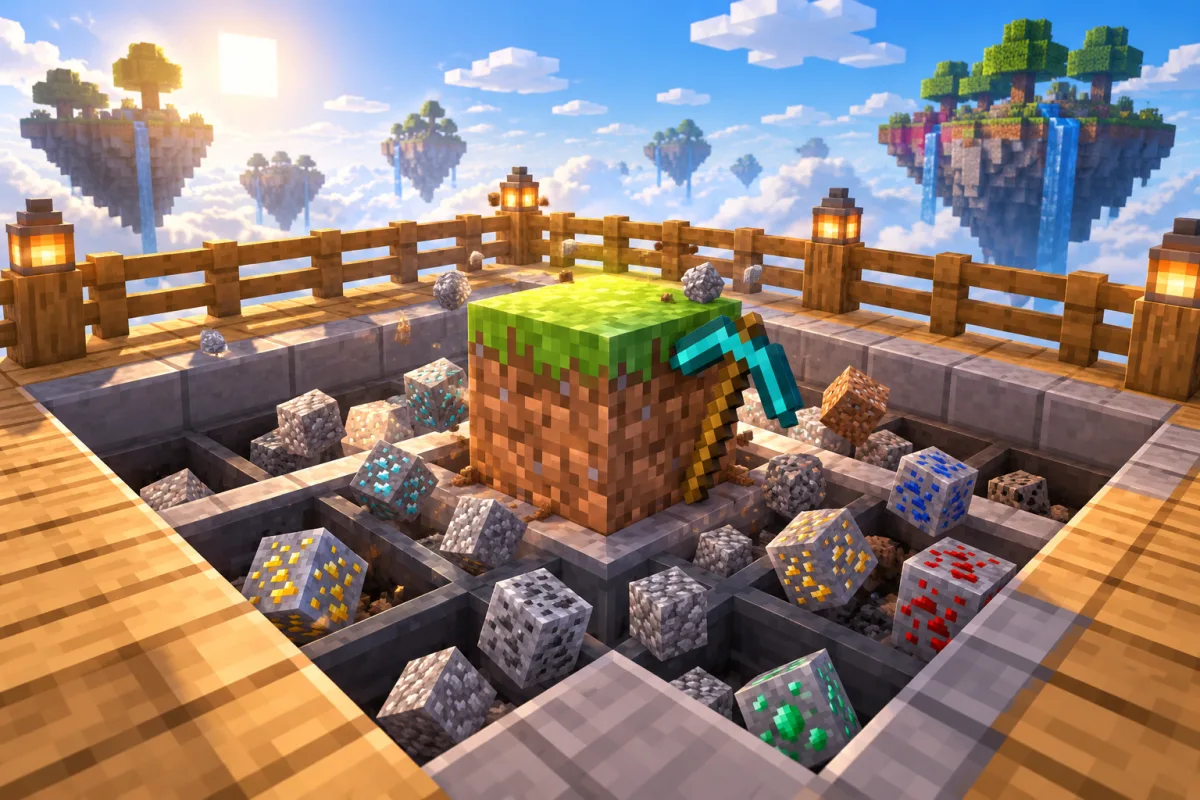 A regenerating grass block on a collection platform beside a pickaxe and ore cubes