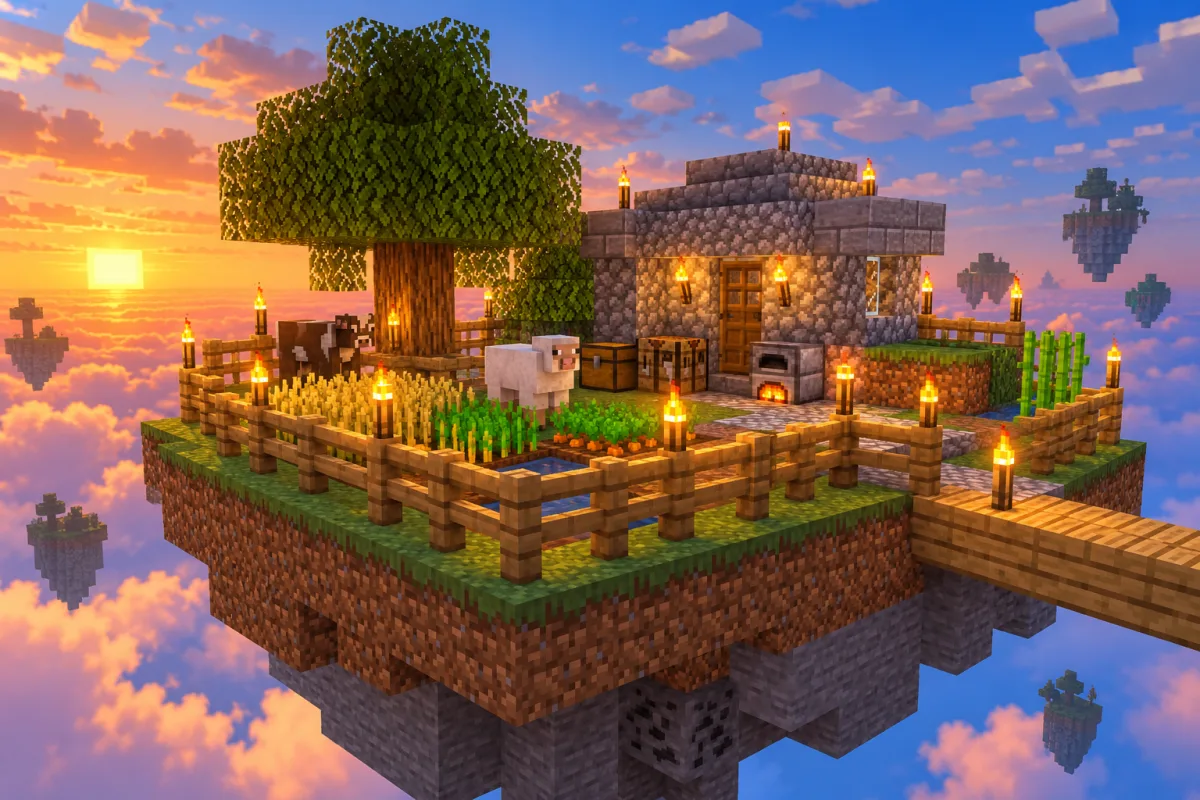 A fenced floating island with warm torches and a stone shelter at dusk
