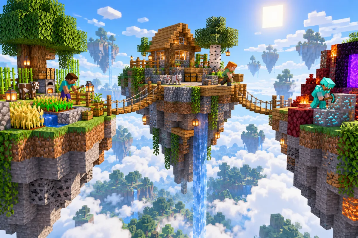 Three voxel adventurers building connected floating islands and wooden bridges