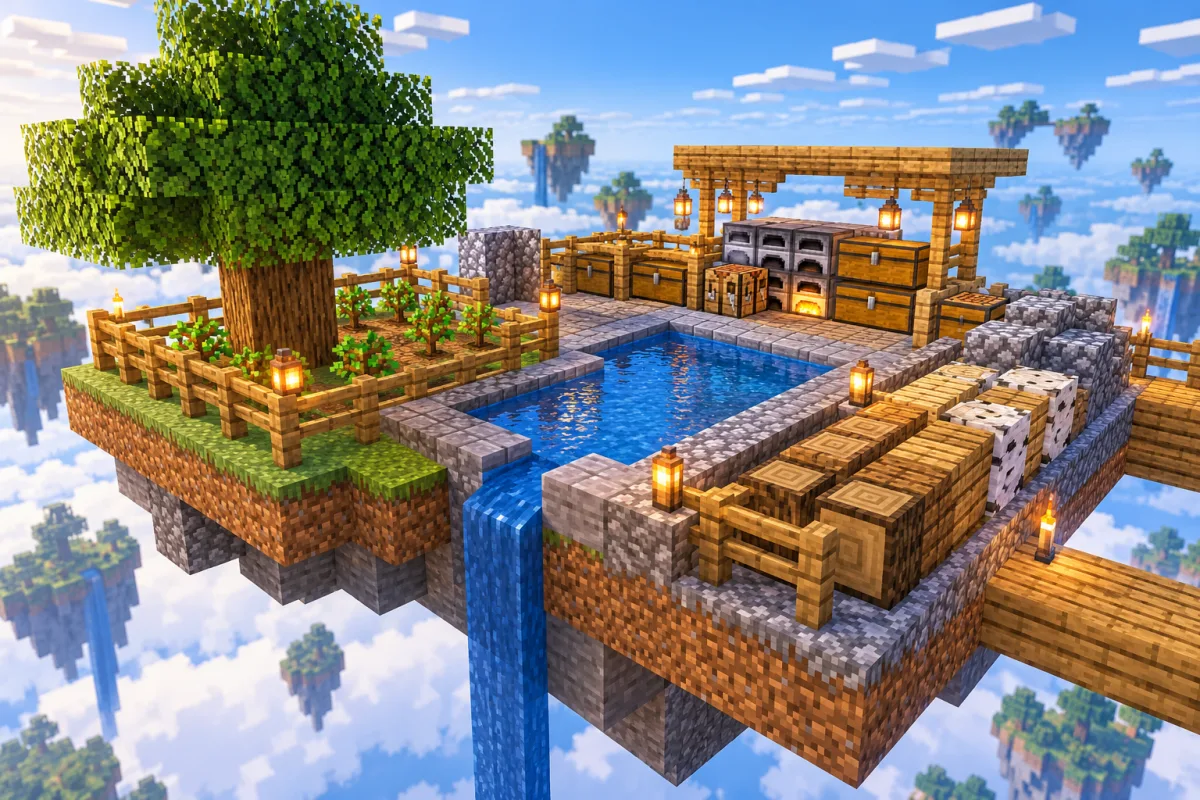 A floating workshop with protected saplings, water and organized wood and stone supplies