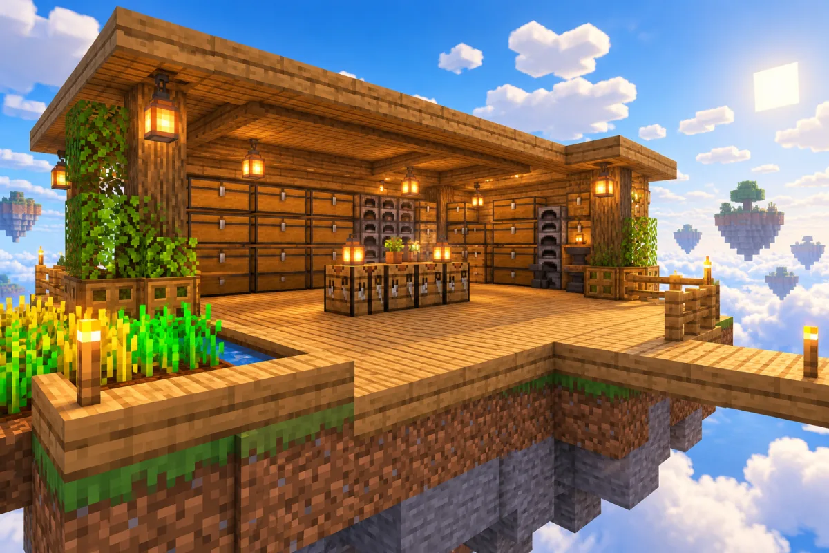 A wooden sky island storage shed with rows of chests and crafting benches