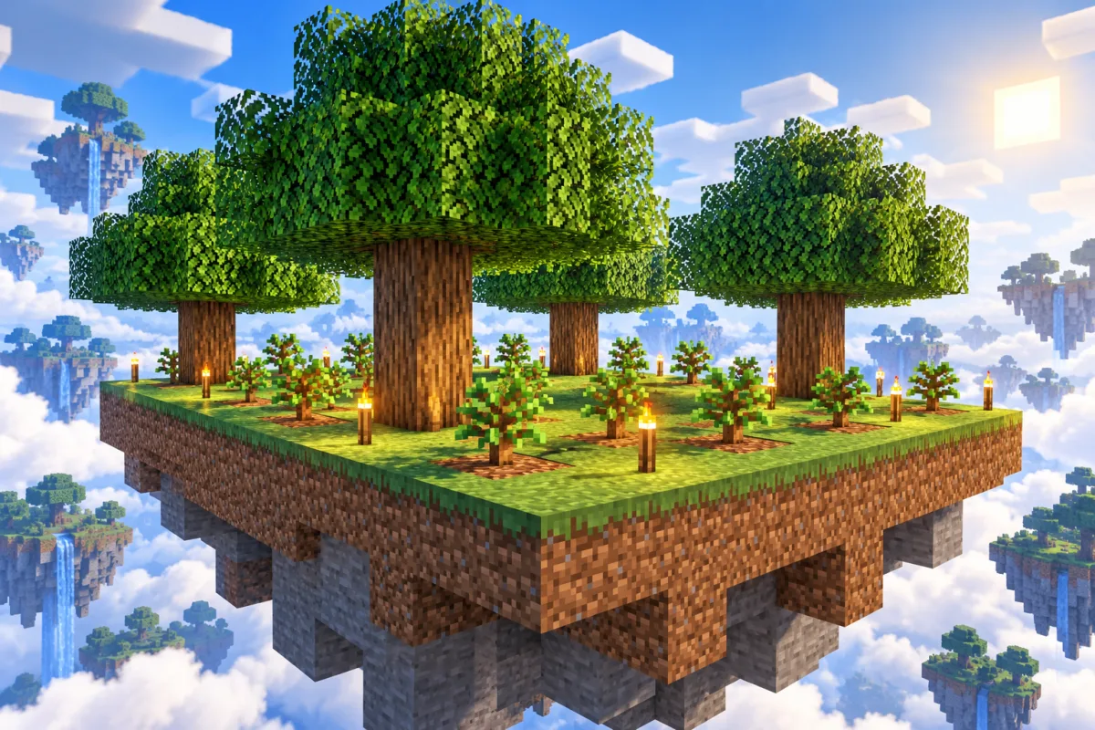 Spaced oak saplings and mature trees on a floating island nursery