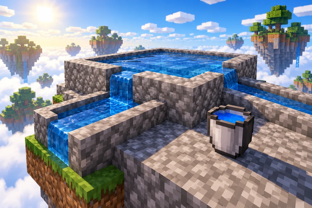 A floating stone reservoir with contained blue water channels and a bucket